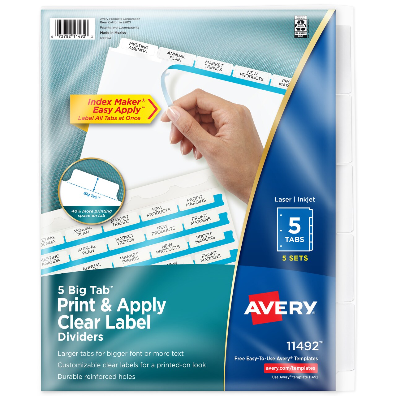 Avery 5 Big Tab Dividers for 3 Ring Binder, Easy Print & Apply Clear Label Strip, Index Maker Customizable White Tabs, 5 Sets (11492)